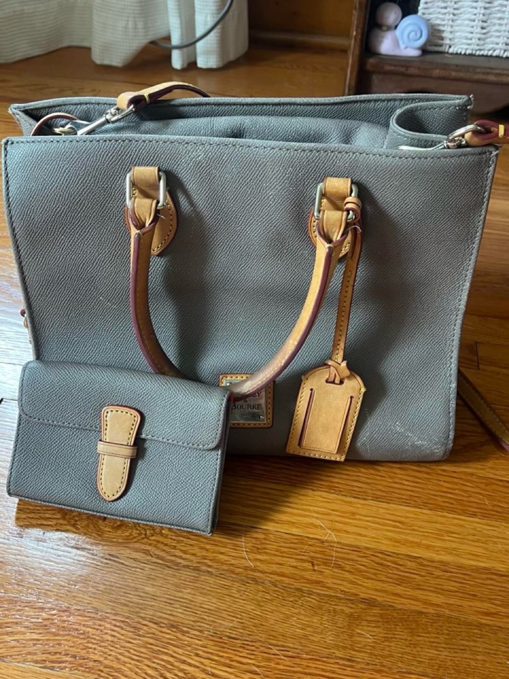Dooney & Bourke Wexford Leather Janine Gray Satchel with Tan Trim and Wallet